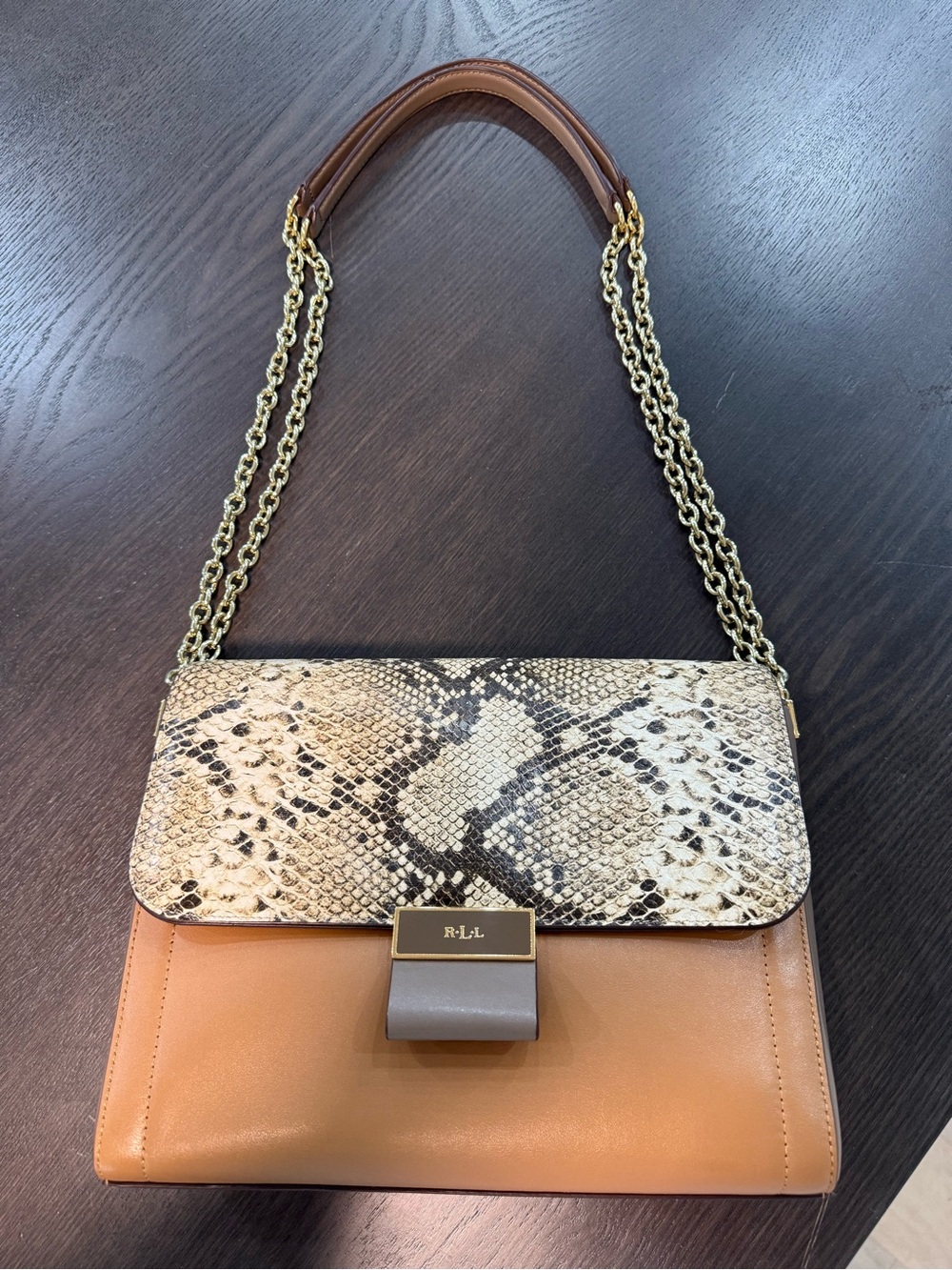 Ralph Lauren Tan Leather Shoulder Bag with Snake-Print Flap and Gold Chain